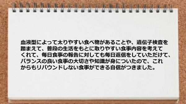 血液型食べ物診断や遺伝子検査を踏まえて食事内容を考えてくれて毎日食事の報告に対して毎日返信をしていただけて助かりました。