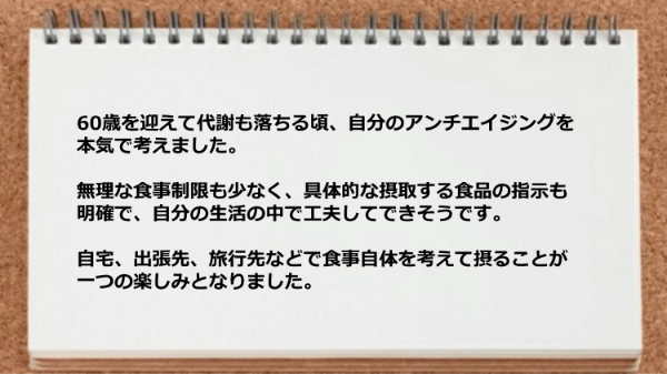 無理な食事制限も少なく具体的な摂取する食品の指示も明確で自分の生活の中で工夫できました