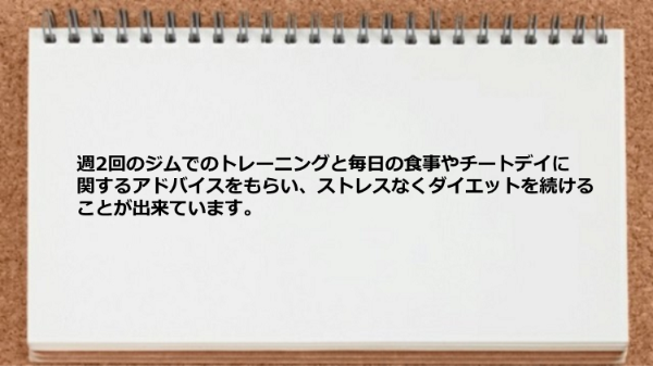 トレーニングと毎日の食事やチートデイに関するアドバイスをもらい、ストレスなくダイエットが続けられた