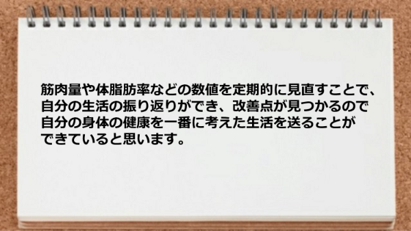 筋肉量や体脂肪率などの数値を定期的に見直して自分の身体の健康を一番に考えた生活を送れるようになった