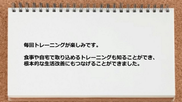 食事や自宅で取り込めるトレーニングを学び根本的な生活改善につながりました。