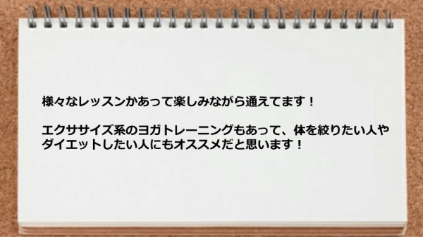 エクササイズ系のヨガトレーニングもあって体を絞りたい人やダイエットしたい人にもオススメ。