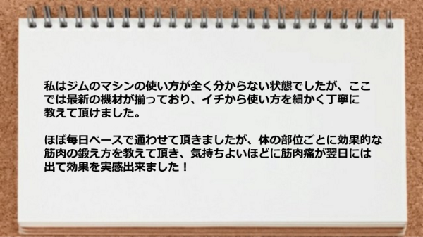 マシーンの使い方や体の部位ごとに効果的な筋肉の鍛え方を教えて頂けました。