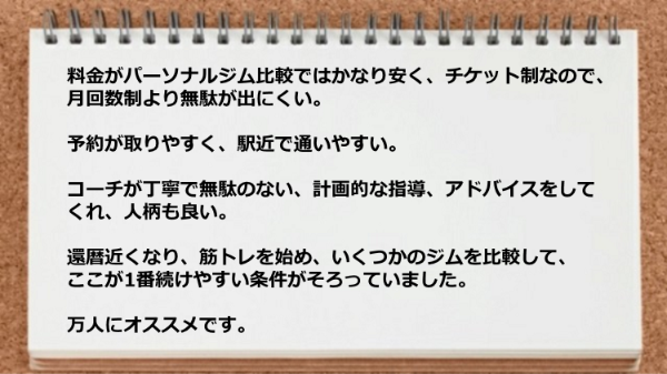  チケット制なので無駄が出にくく、予約が取りやすく、駅近で通いやすい。 コーチが丁寧で無駄のない計画的な指導アドバイスが役立ちました。