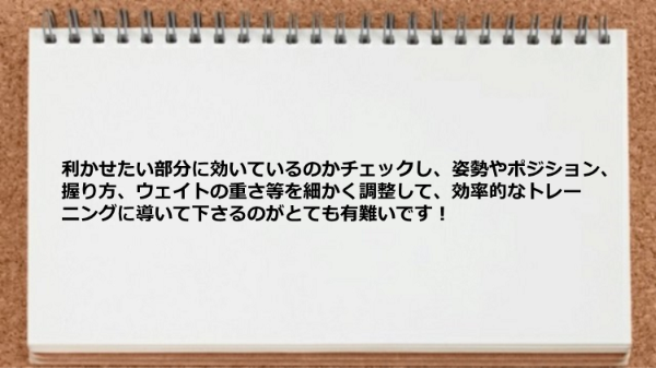 姿勢、ポジション、握り方、ウェイトの重さ等を細かく調整して、効率的なトレーニングが実施できます