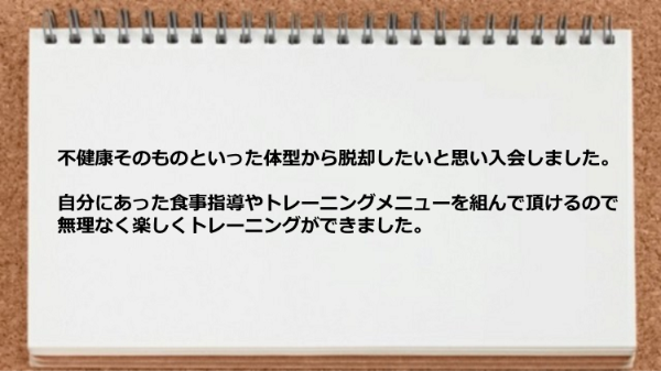 自分にあった食事指導やトレーニングメニューを組んでくれたので無理なく楽しくトレーニングができた。