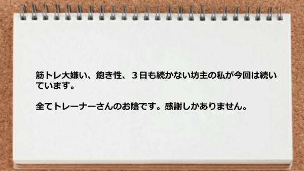 筋トレ大嫌い、飽き性、３日坊主の私が今回は続いているのはトレーナーのお陰です