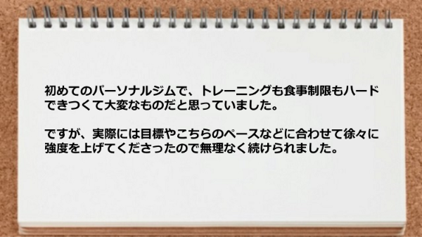 トレーニングも食事制限もハードですが目標やこちらのペースなどに合わせて徐々に強度を上げてくださったので無理なく続けられました。