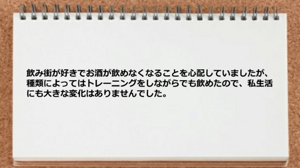 お酒の種類によってはトレーニングをしながらでも飲めたので私生活にも大きな変化はありませんでした。