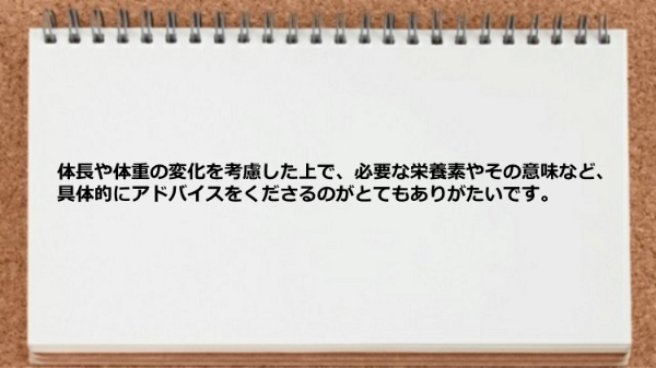 体長や体重の変化を考慮した上で必要な栄養素やその意味など具体的にアドバイスをしてくれました