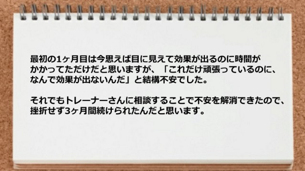 不安があった場合はトレーナーに相談することで不安を解消できたので、挫折せず3ヶ月間続けられた