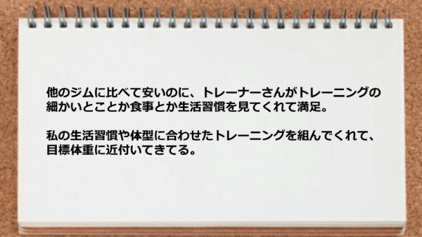 他のジムに比べて安いのにトレーニングや食事や生活習慣を見てくれて満足です