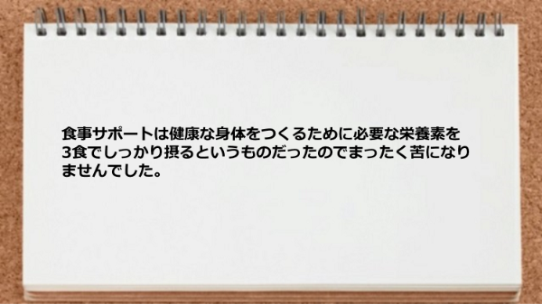 食事サポートは3食でしっかり摂る内容だったので苦になりませんでした。