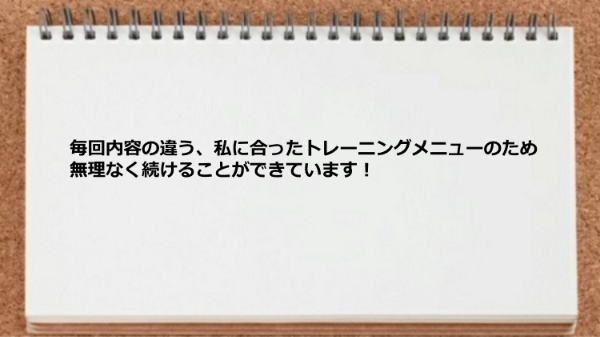 毎回内容が異なり、自分に合ったトレーニングメニューのため無理なく続けることができた